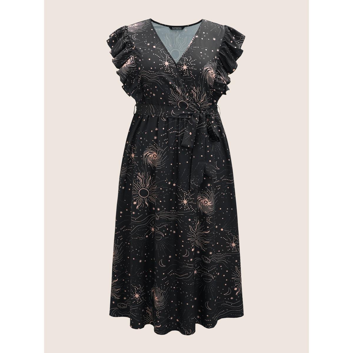 Plus Size Moon & Star Ruffle Cap Sleeve Maxi Dress Black Women Resort Belted Overlap Collar Cap Sleeve Curvy BloomChic 12/L Product Image