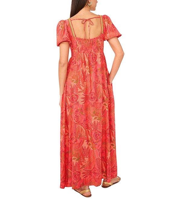 Vince Camuto Woven Floral Print Square Neck Short Puff Sleeve Maxi Dress Product Image