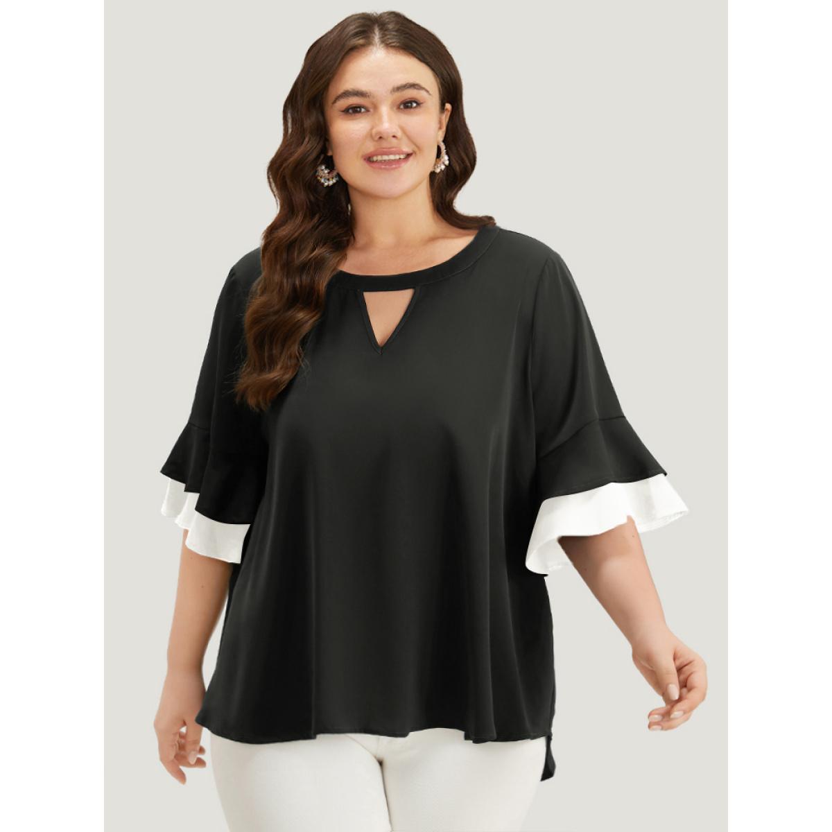 Plus Size Cyan Anti-Wrinkle Plain Keyhole Ruffle Layered Sleeve Blouse Women Office Half Sleeve Round Neck Work Blouses BloomChic 26/4X Product Image