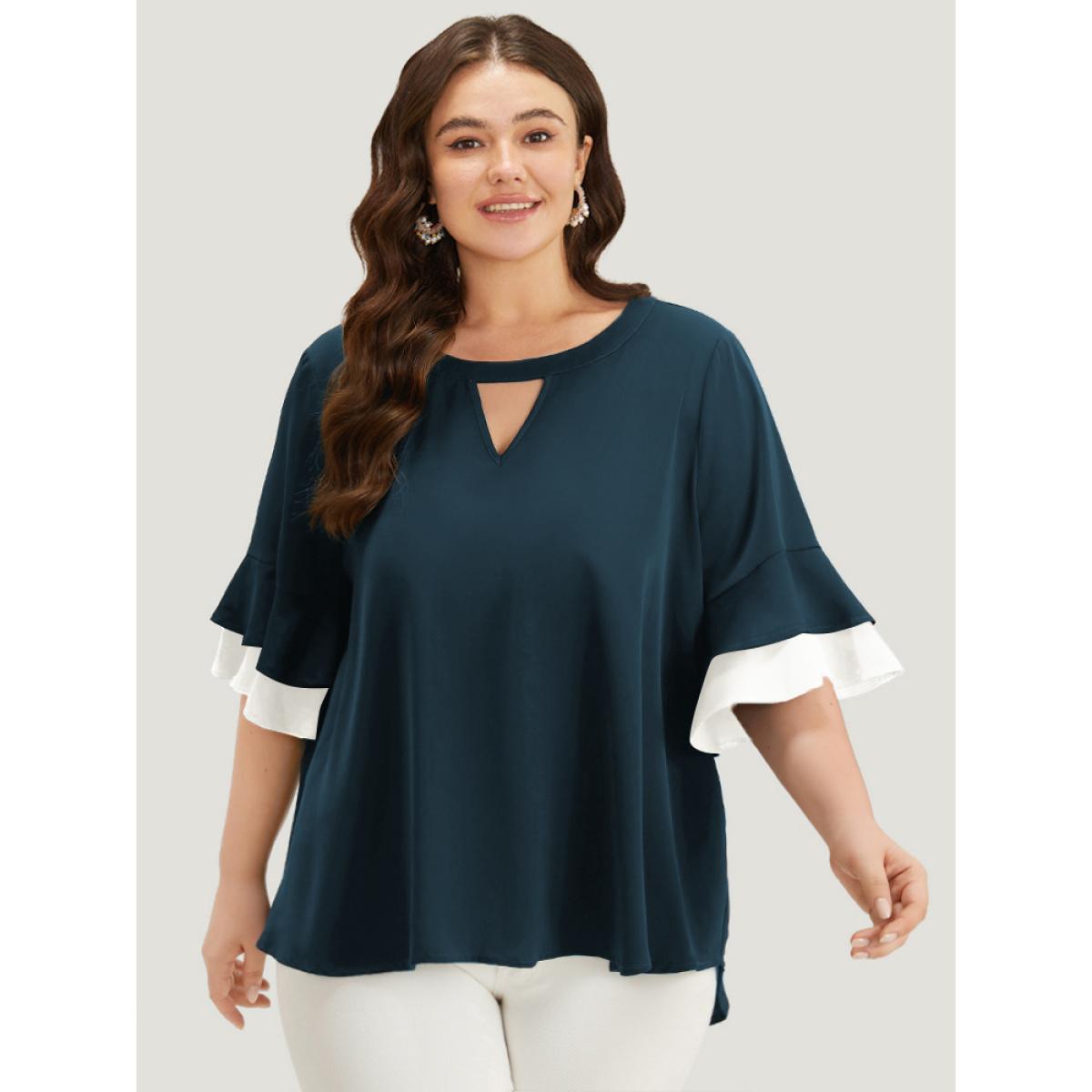 Plus Size Cyan Anti-Wrinkle Plain Keyhole Ruffle Layered Sleeve Blouse Women Office Half Sleeve Round Neck Work Blouses BloomChic 26/4X Product Image