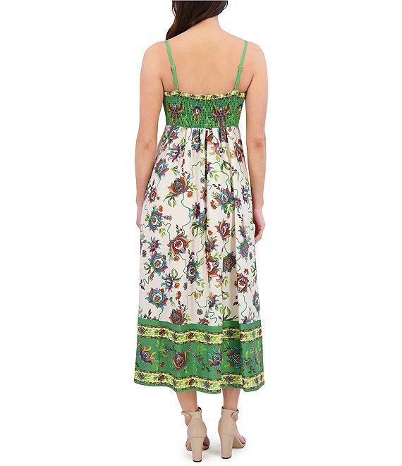 SIENA Square Neck Sleeveless Floral Print Woven Smocked Back Midi Dress Product Image