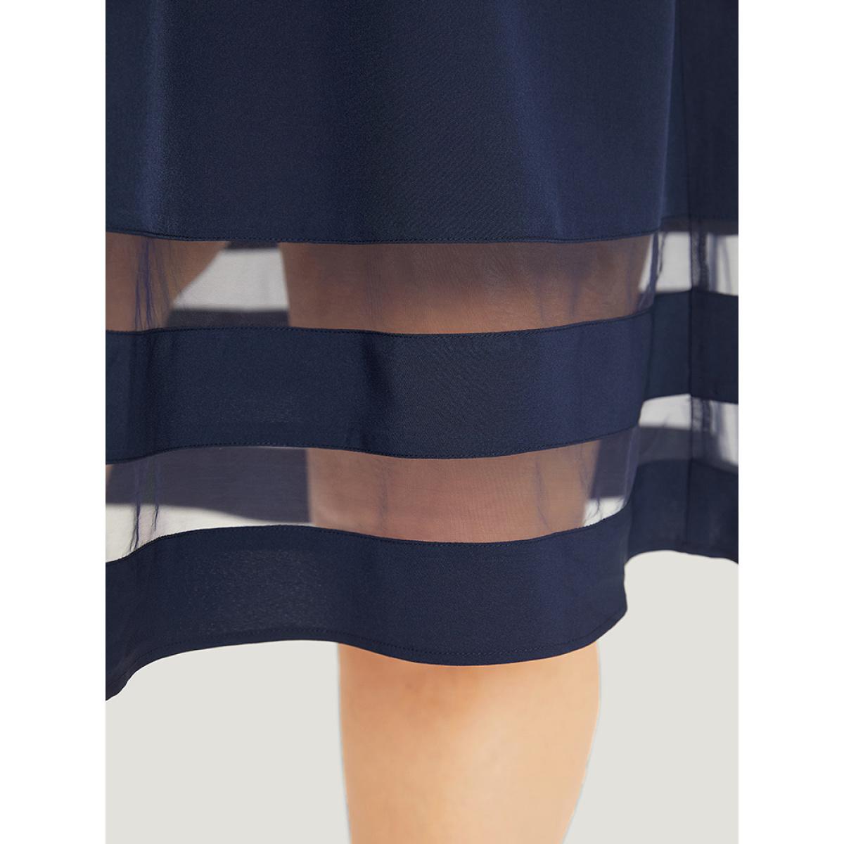 Plus Size Mesh Patchwork Pocket Elastic Waist Gathered Tank Dress DarkBlue Women Elegant Gathered Round Neck Sleeveless Curvy Knee Dress BloomChic 18-20/2X Product Image