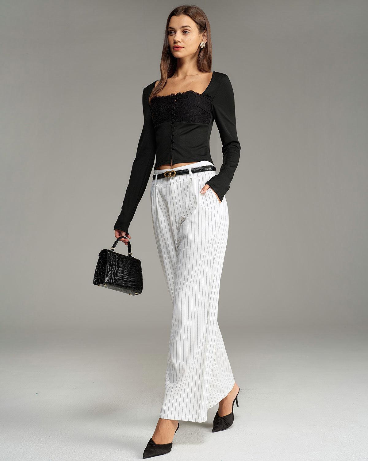 White Striped Straight Casual Pants Product Image