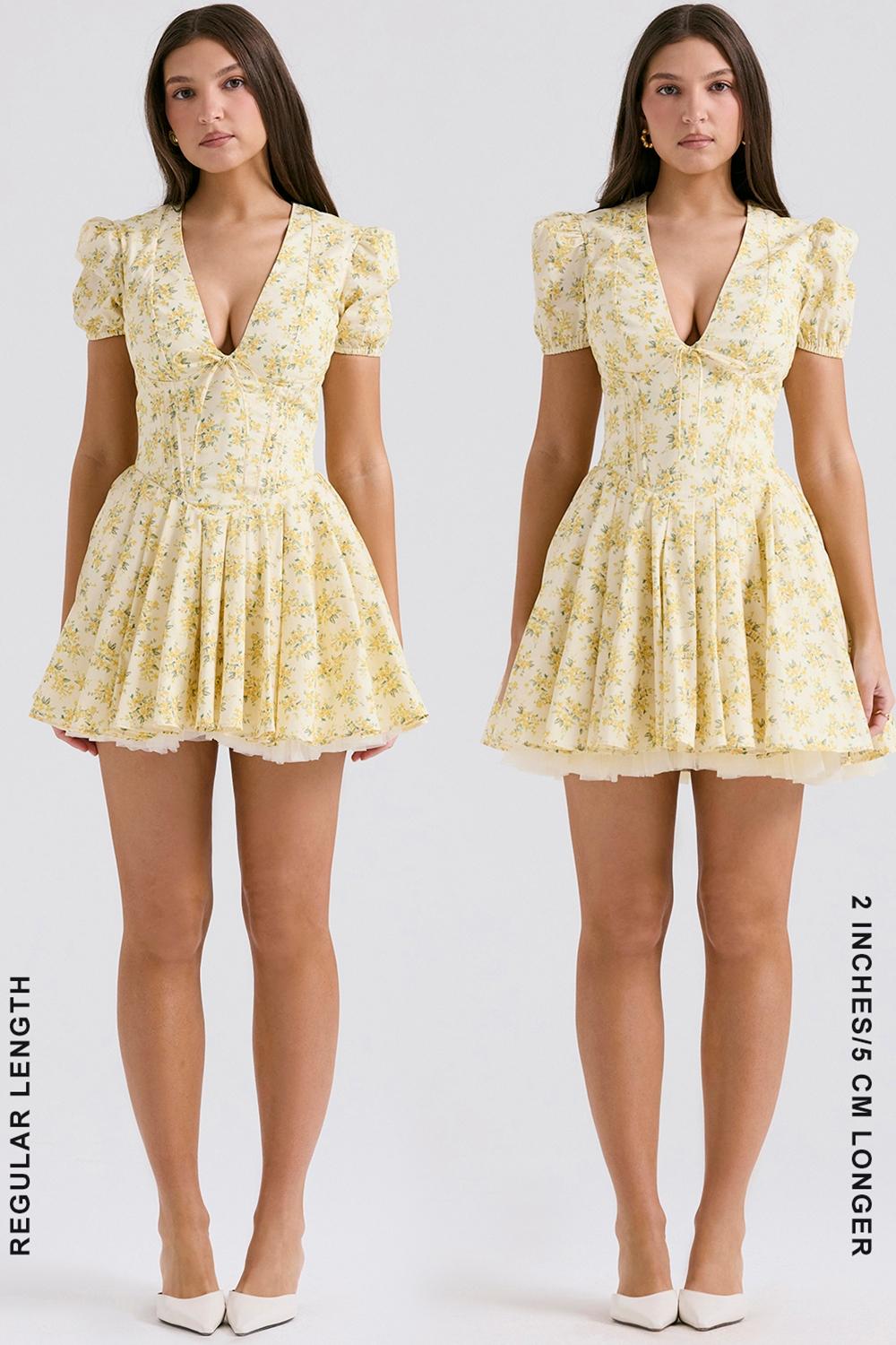 Imani  buttercup vintage floral print pleated cotton mini dress Product Image