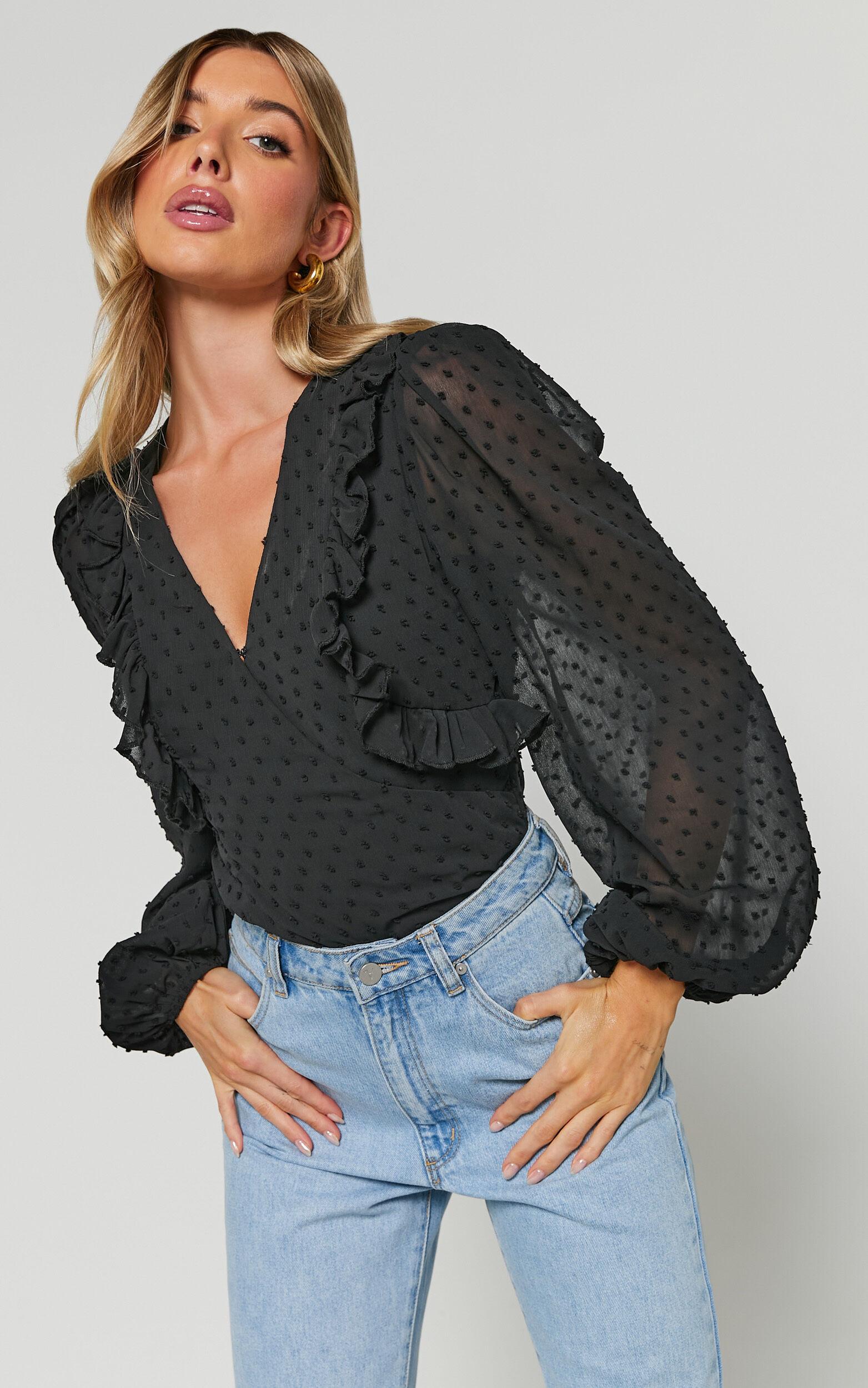 Delilah Bodysuit - V Neck Long Blouson Sleeve Bodysuit in Black Product Image