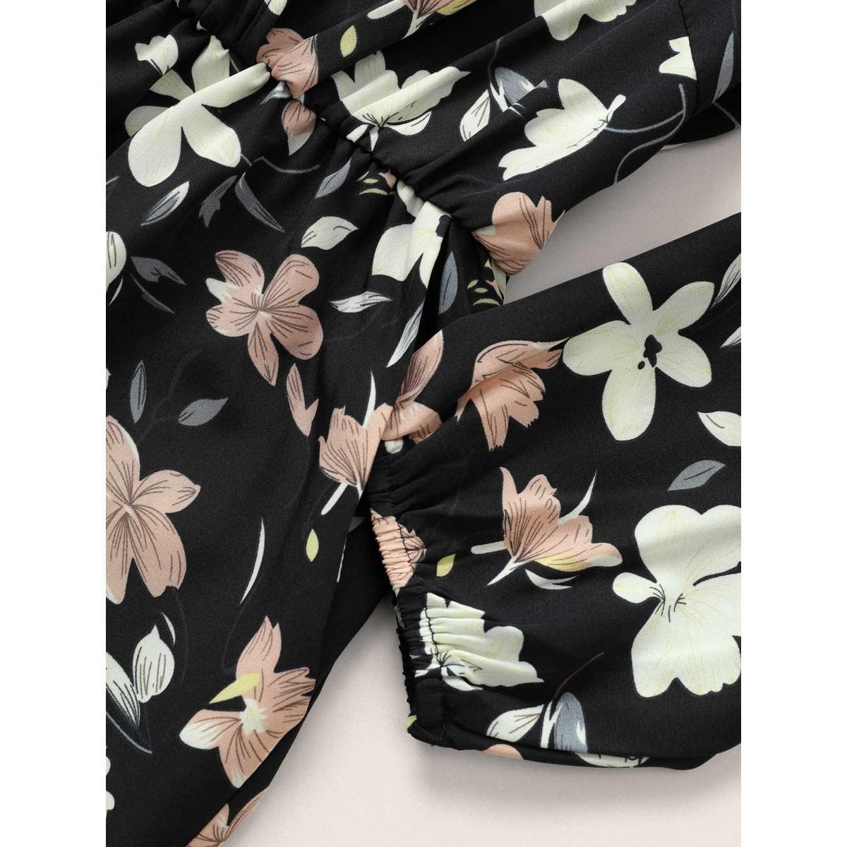 Plus Size Black Floral Elastic Waist Belted Wrap Jumpsuit Women Elegant Long Sleeve Overlap Collar Everyday Loose Jumpsuits BloomChic 14-16/1X Product Image