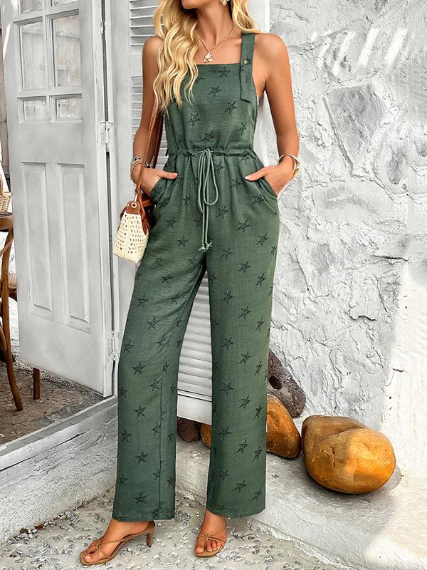 Sleeveless Buttoned Drawstring Pockets Printed Spaghetti-Neck Jumpsuits Product Image