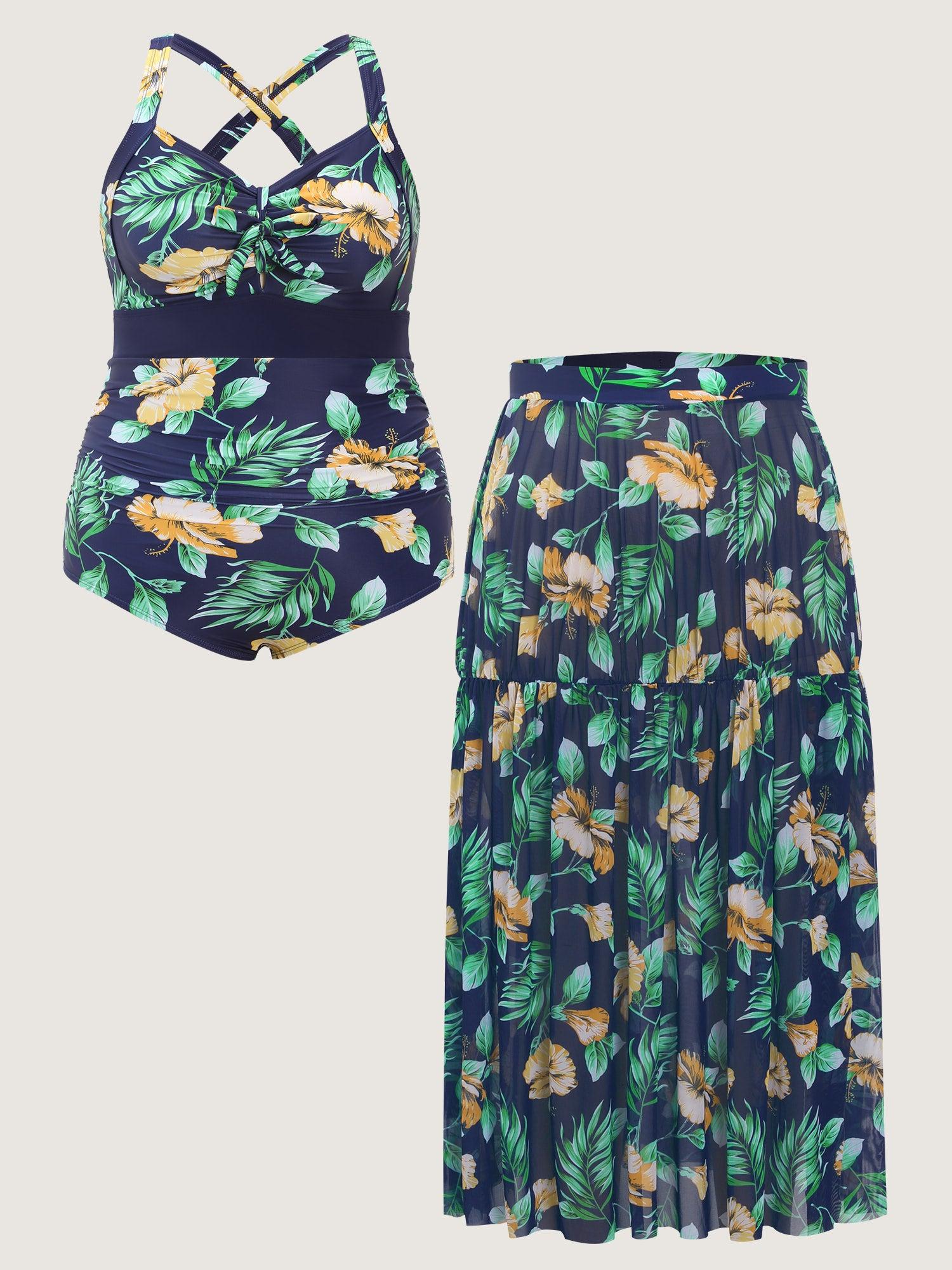 Tropical Print One Piece Swimsuit Sarong Set Female Product Image