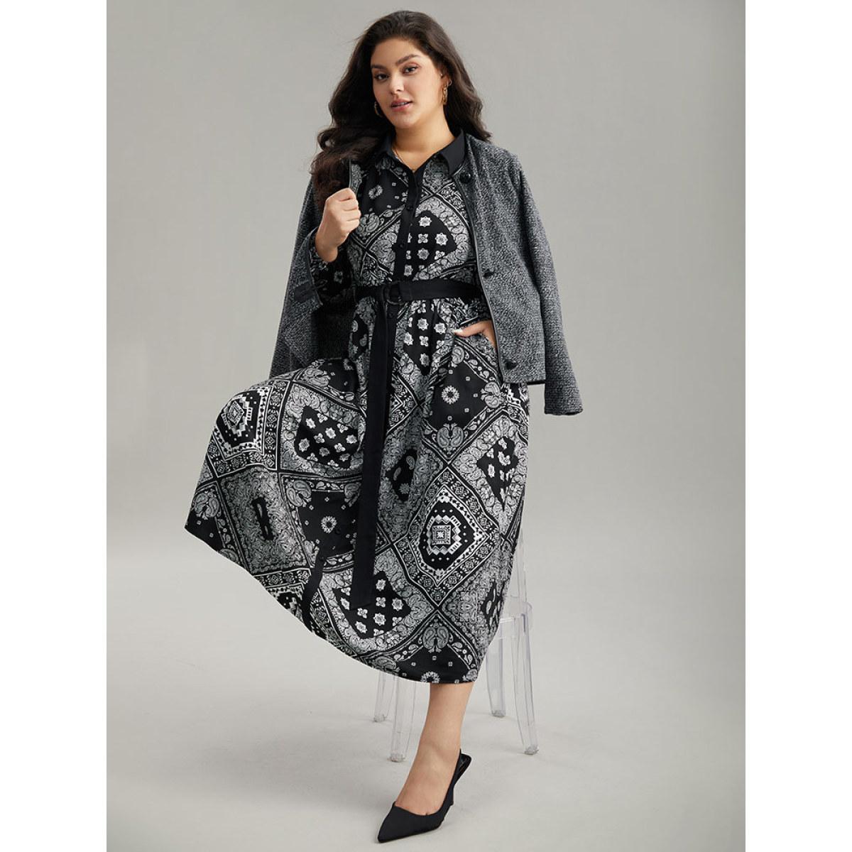 Plus Size Polka Dot Elastic Waist Split Hem Dress Black Women At the Office Pleated V-neck Long Sleeve Curvy Midi Dress BloomChic 30/6X Product Image