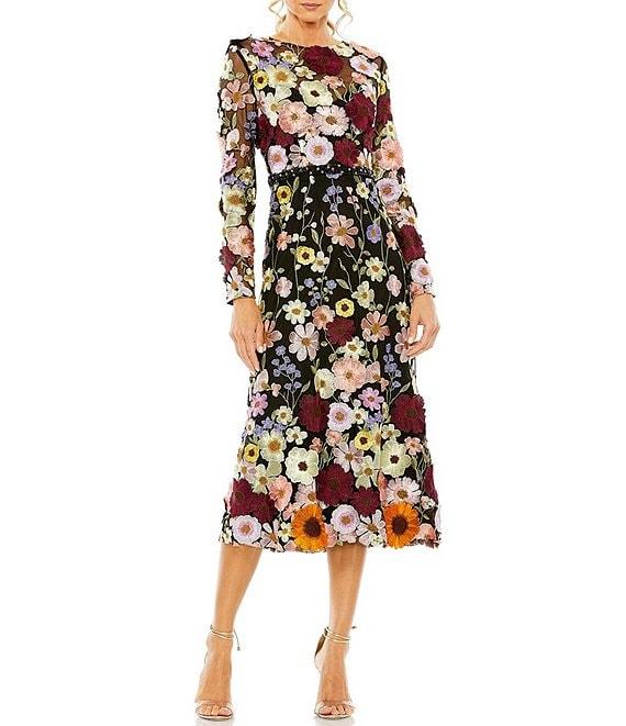 Mac Duggal Floral Embroidered Boat Neck Long Sleeve Midi Dress Product Image