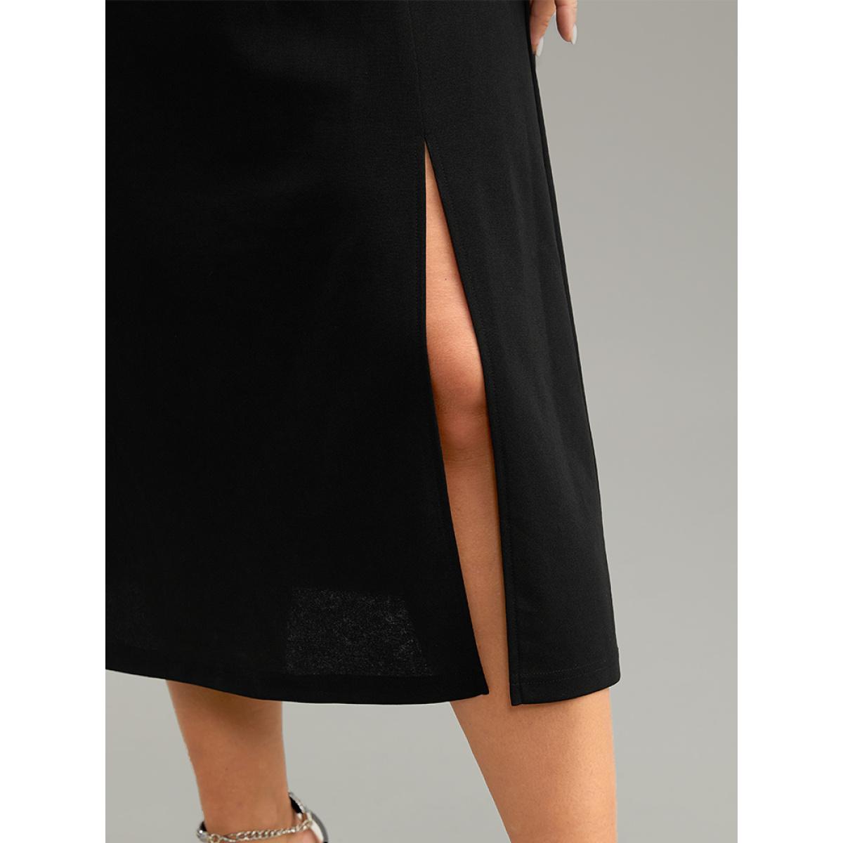 Plus Size Plain Notched Elastic Waist Split Hem Dress Black Women Glamour Plain Notched collar Long Sleeve Curvy Midi Dress BloomChic 12/L Product Image