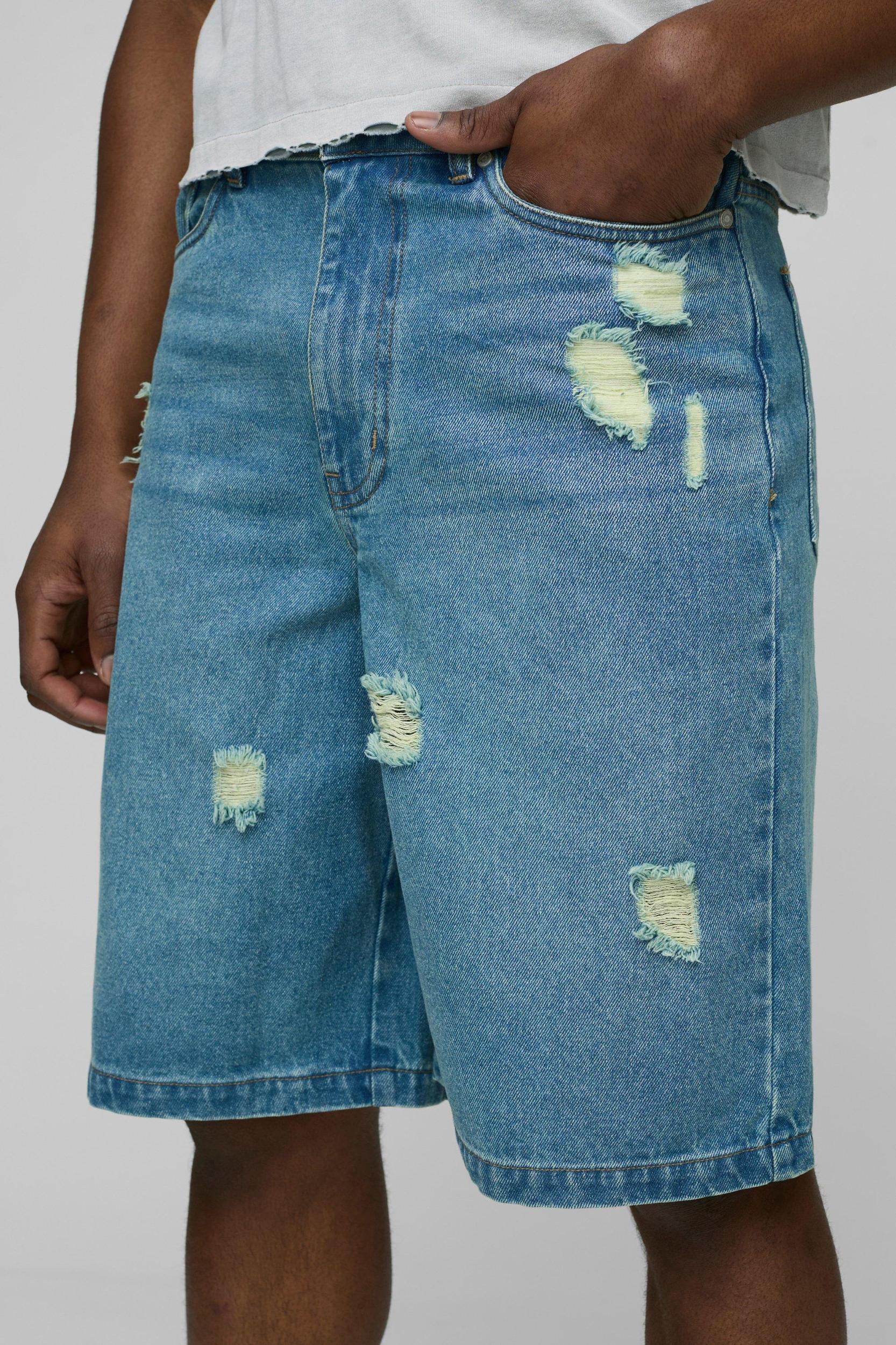 Regular Antique Blue Washed Ripped Denim Jorts | boohooMAN USA Product Image