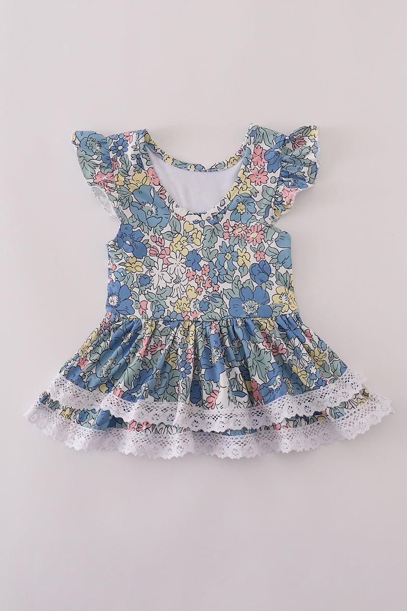 Blue floral lace ruffle leotard Product Image