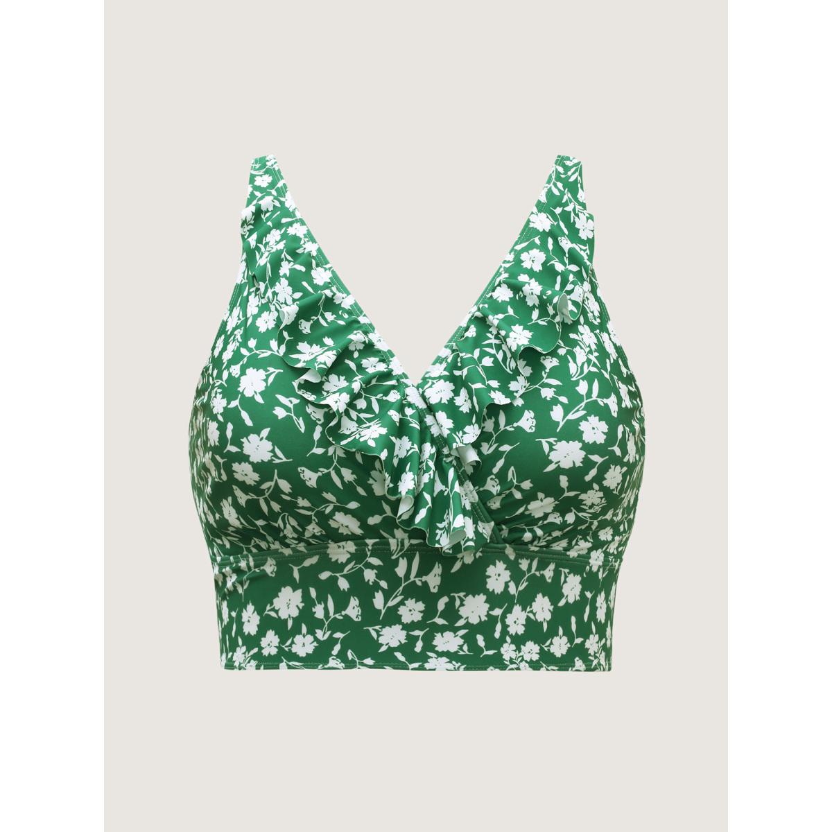 Plus Size Ruffled Ditsy Floral Print Swim Top Women's Swimwear Greenbean Resort Ruffles High stretch Skinny Overlap Collar Curve Swim Tops BloomChic 22-24/3X Product Image