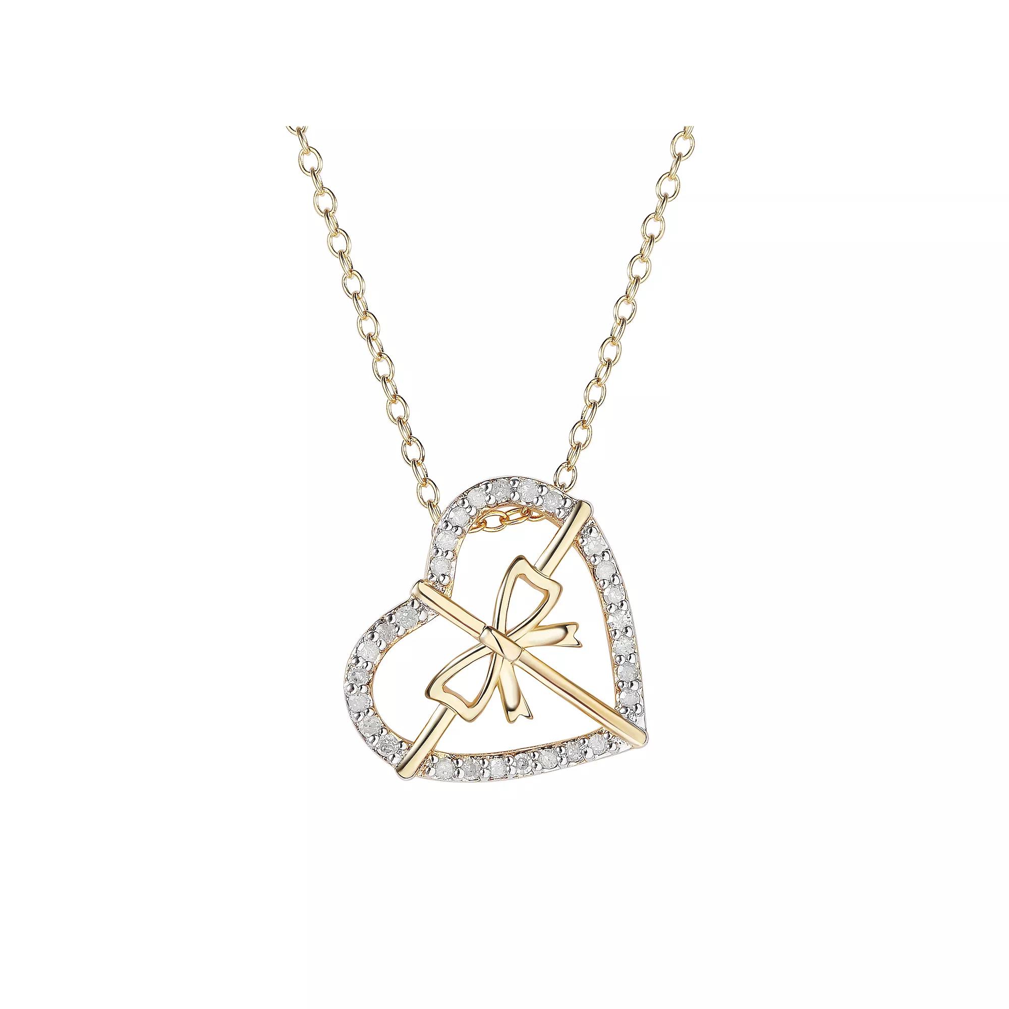 14k Gold Over Silver 1/6 Carat T.W. Diamond Bow Heart Pendant Necklace, Womens Gold Tone Product Image
