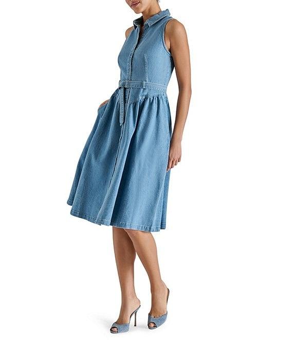Steve Madden Mary Denim Button Front Sleeveless Midi Shirt Dress Product Image