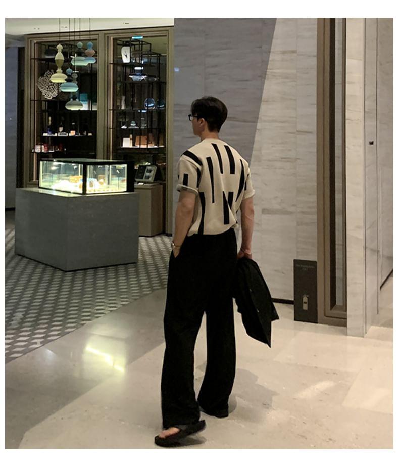 Short-Sleeve Crewneck Two Tone Knit Top Product Image