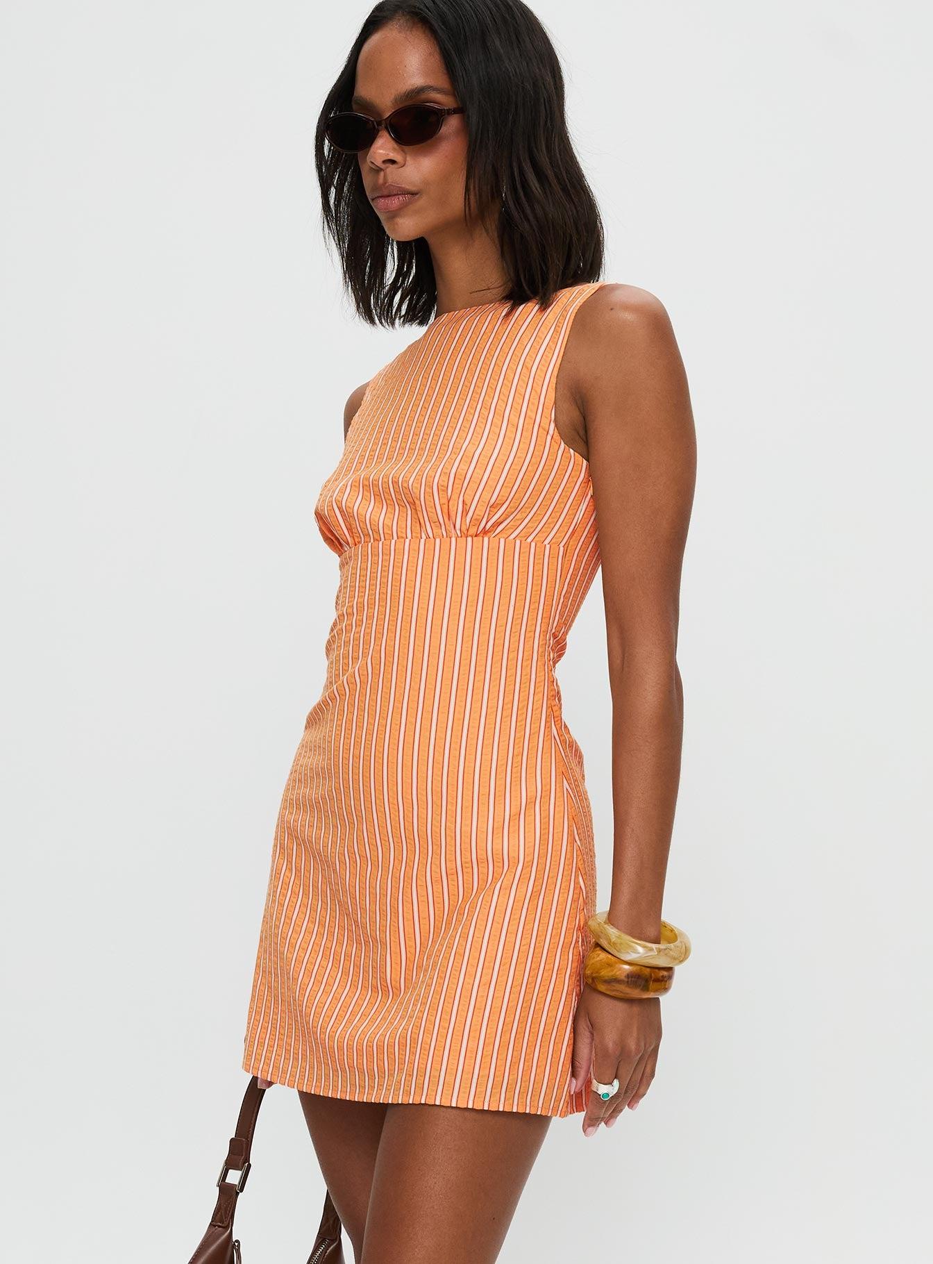 Ellesandra Boat Neck Mini Dress Orange Stripe Product Image