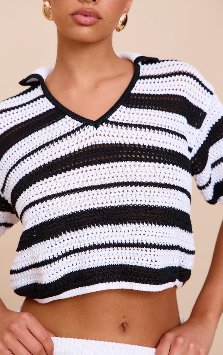 Monochrome Crochet Stripe Knit Polo Top Product Image