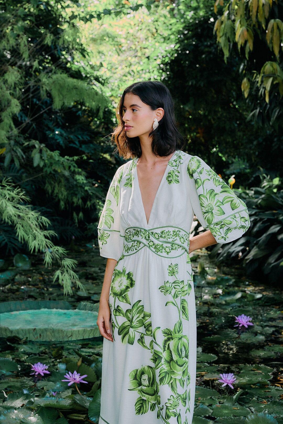 Off-White Green Floral Cascade LENZING™ ECOVERO™ Euroflax™ Midi Dress Product Image