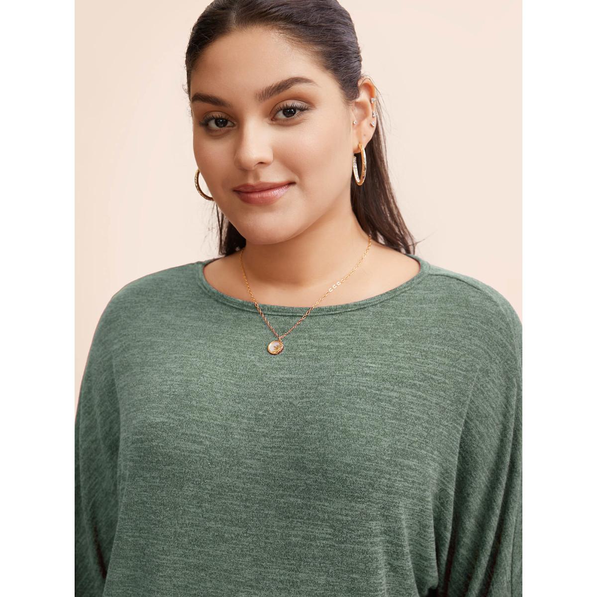 Plus Size Plain Heather Elastic cuffs Dolman Sleeve T-shirt Green Women Casual Elastic cuffs Plain Round Neck Everyday T-shirts BloomChic 14-16/1X Product Image