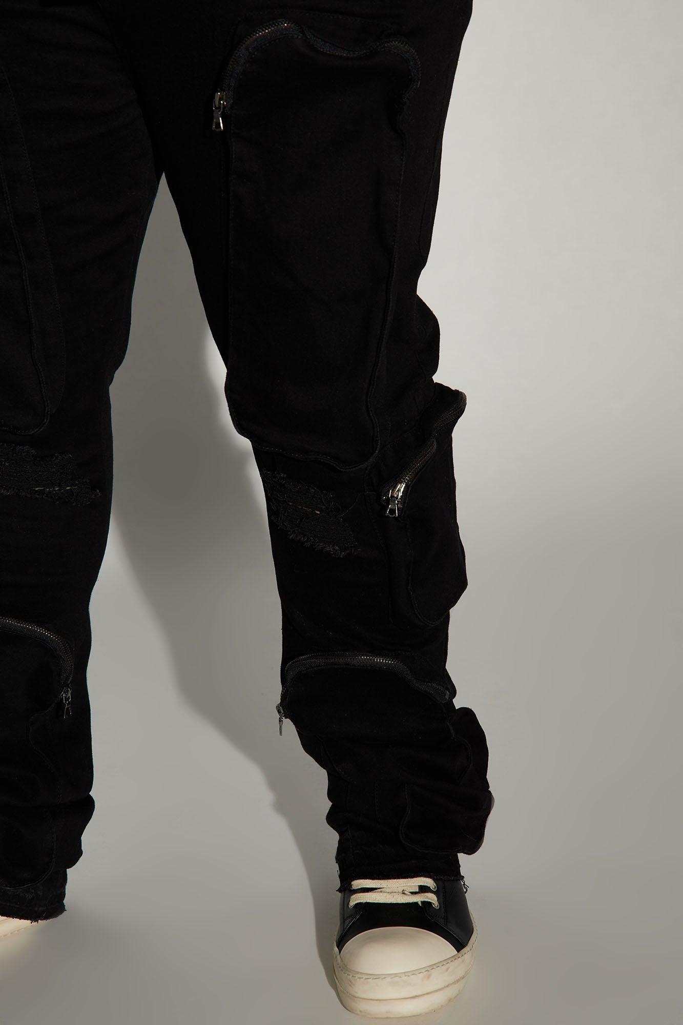 Many Pockets Cargo Stacked Skinny Flare Jeans - Black Product Image