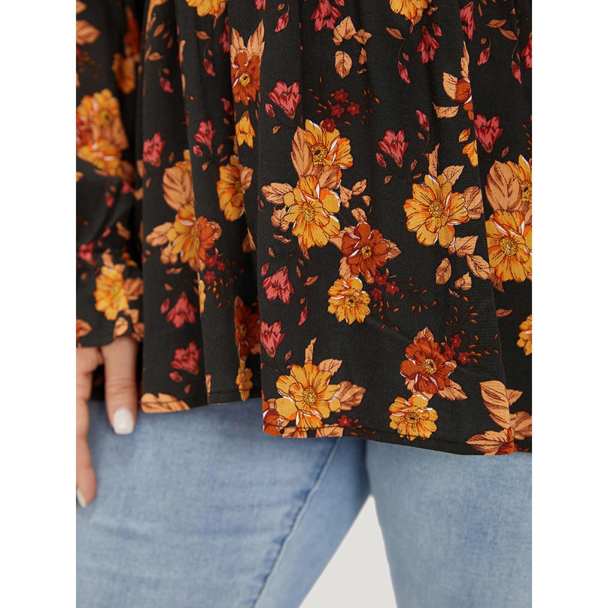 Plus Size Indigo Floral Print Wrap Shirred Lantern Sleeve Blouse Women Vacation Long Sleeve V-neck Dailywear Blouses BloomChic 26/4X Product Image