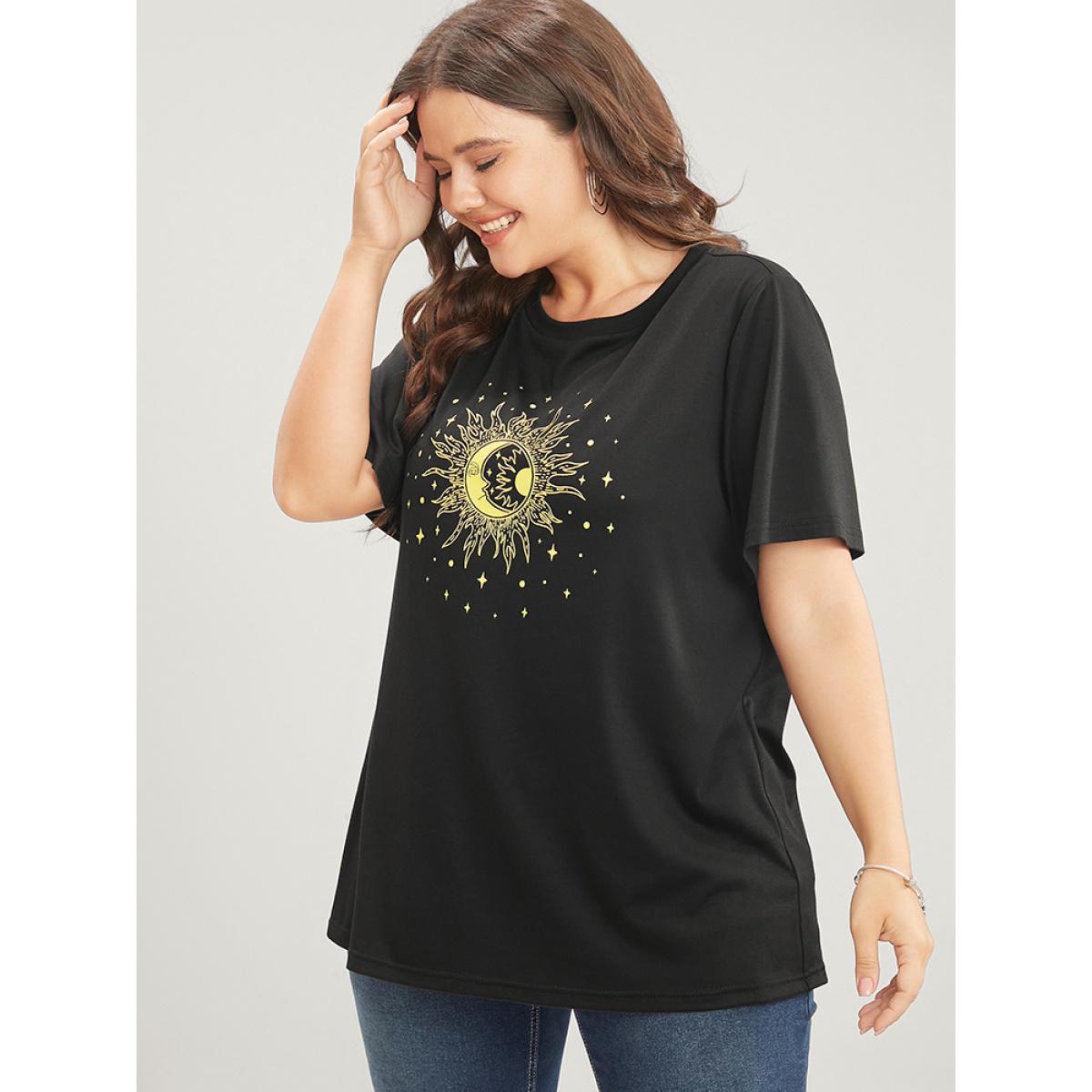Plus Size Moon And Star Round Neck T-shirt DimGray Women Casual Printed Star and moon Dailywear T-shirts BloomChic 14-16/1X Product Image