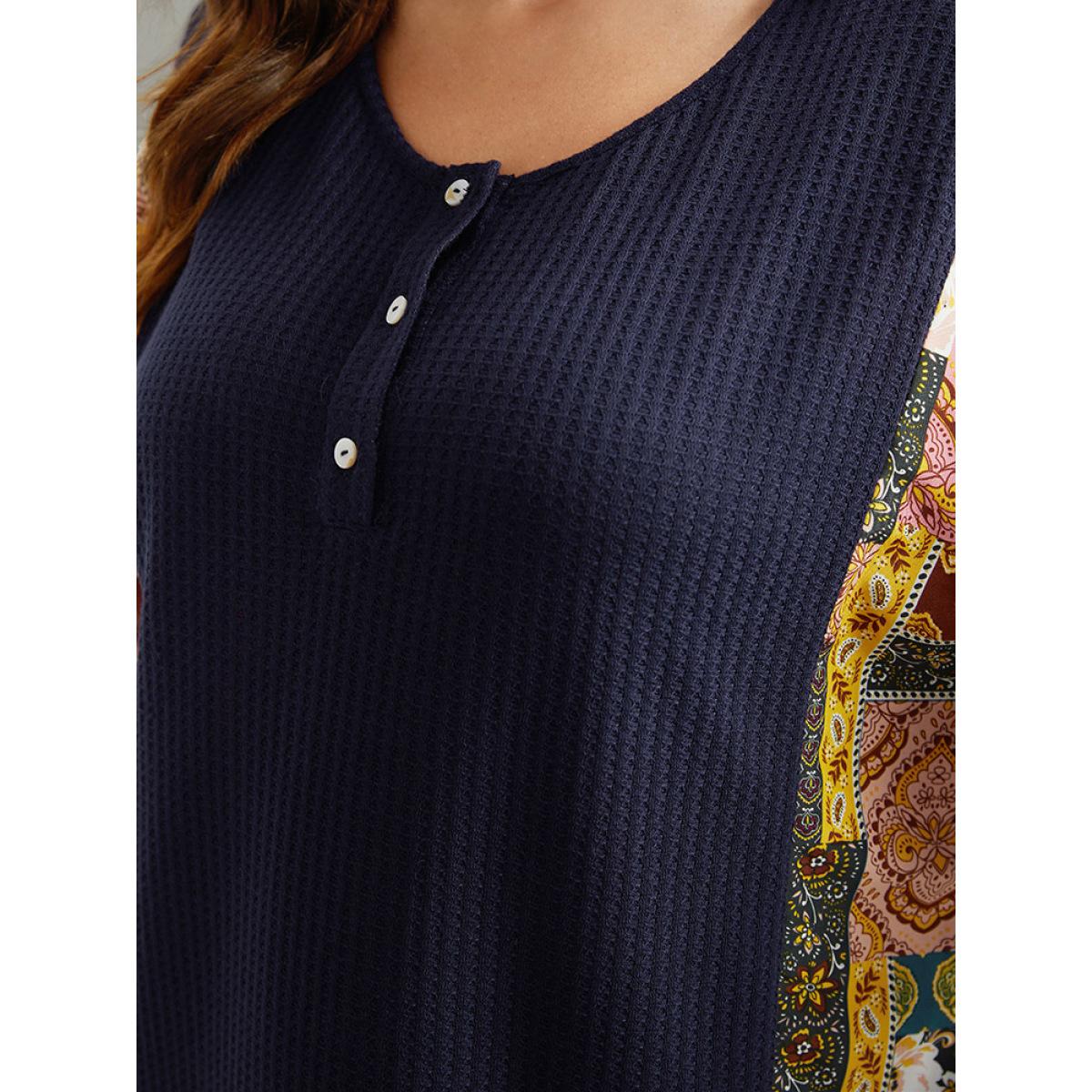 Plus Size Boho Print Button Up Patchwork Lantern Sleeve Sweatshirt DarkBlue Women Casual Elastic cuffs Bohemian Print Open Front Dailywear T-shirts BloomChic 28/5X Product Image