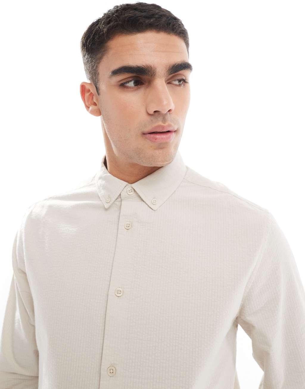 ASOS DESIGN regular seersucker shirt in stone Product Image