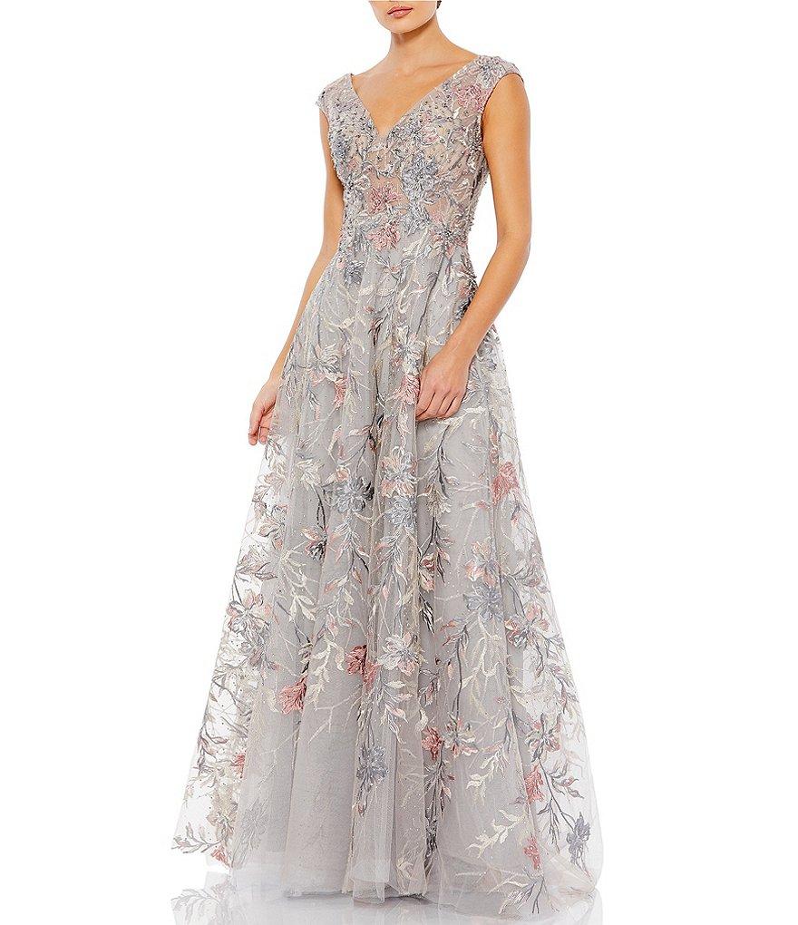 Mac Duggal Floral Embroidered V-Neck Cap Sleeves A-Line Gown Product Image