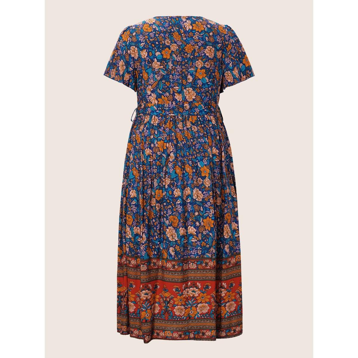 Plus Size Bandana Surplice Neck Pocket Belted Flutter Hem Maxi Dress DarkBlue Women Boho Non V-neck Short sleeve Curvy Long Dress BloomChic 14-16/1X Product Image