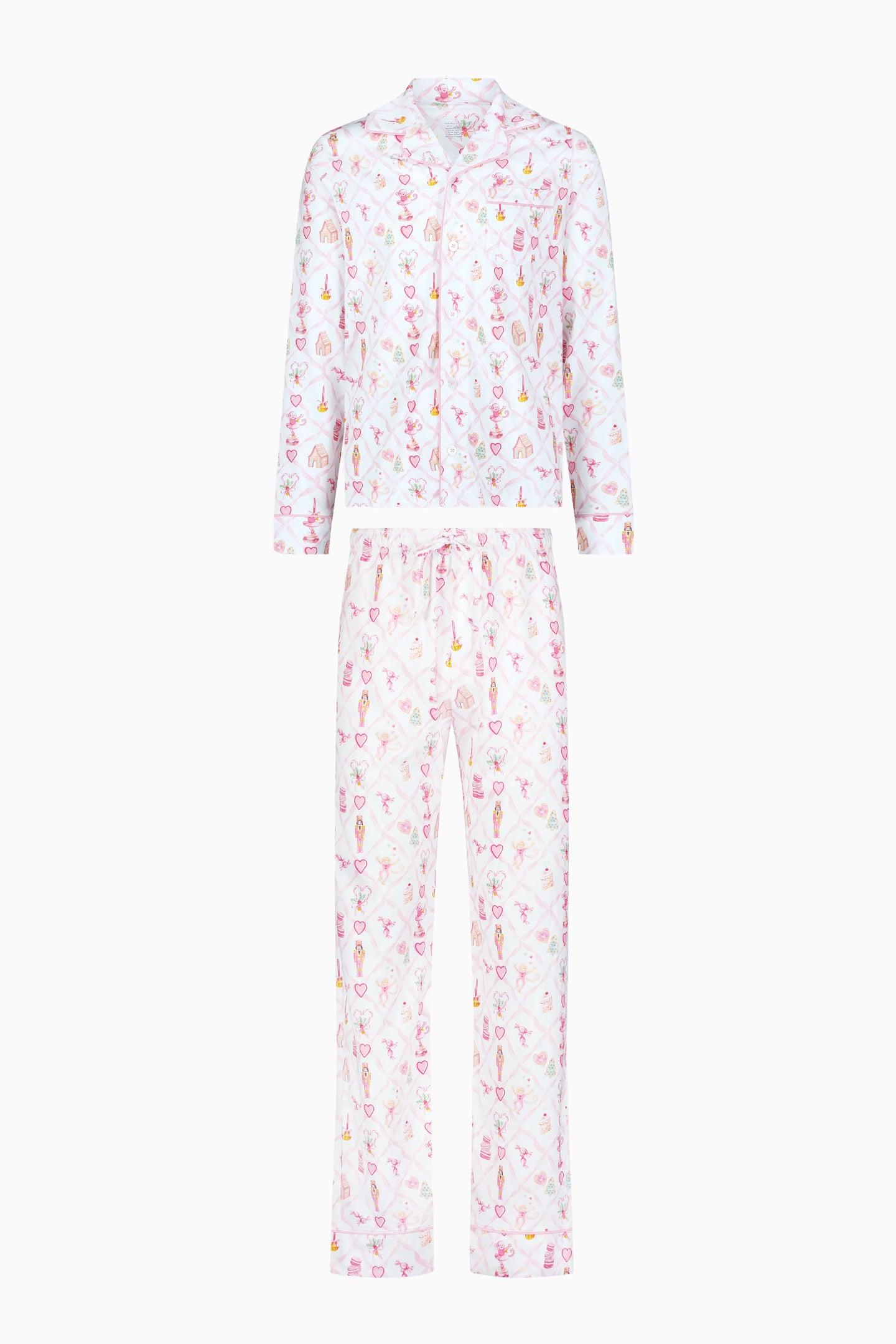 LoveShackFancy x Roller Rabbit Mens Sugarplum Lattice Long Sleeve Polo Pajamas - PINK / S Product Image