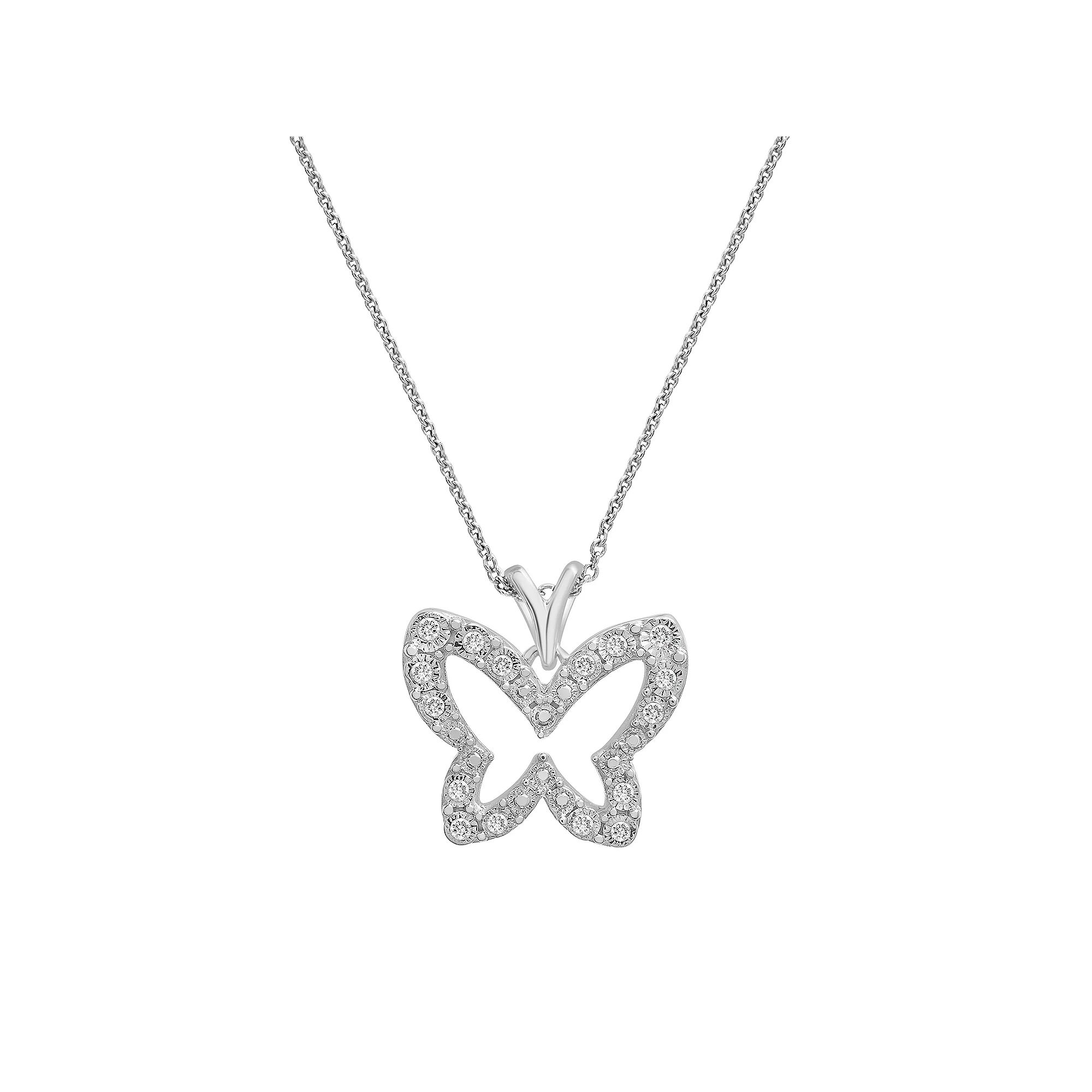 Sterling Silver 1/10 Carat T.W. Diamond Butterfly Pendant, Women's, Size: 18" Product Image