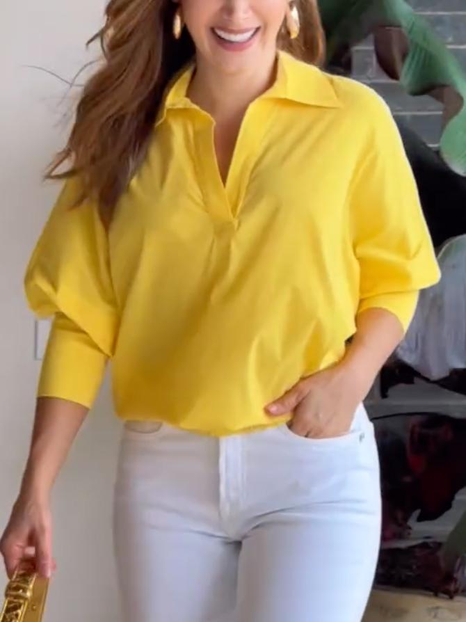 Loose Puff Sleeves Solid Color Lapel Blouses&Shirts Tops Product Image