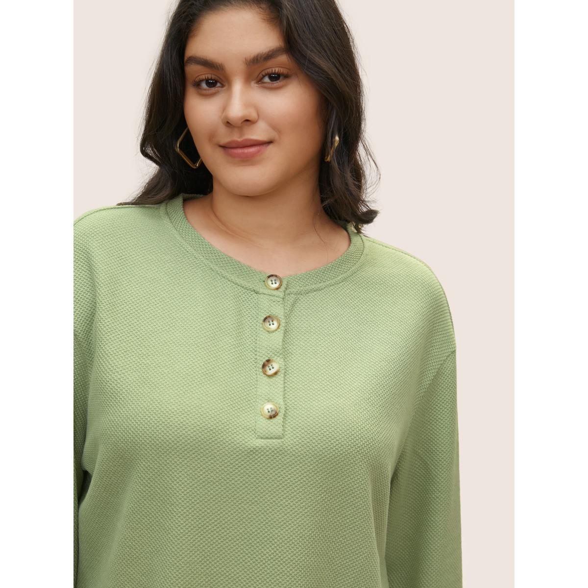 Plus Size Plain Button Detail Textured Sweatshirt Women LightGreen Casual Non Round Neck Everyday Sweatshirts BloomChic 28/5X Product Image