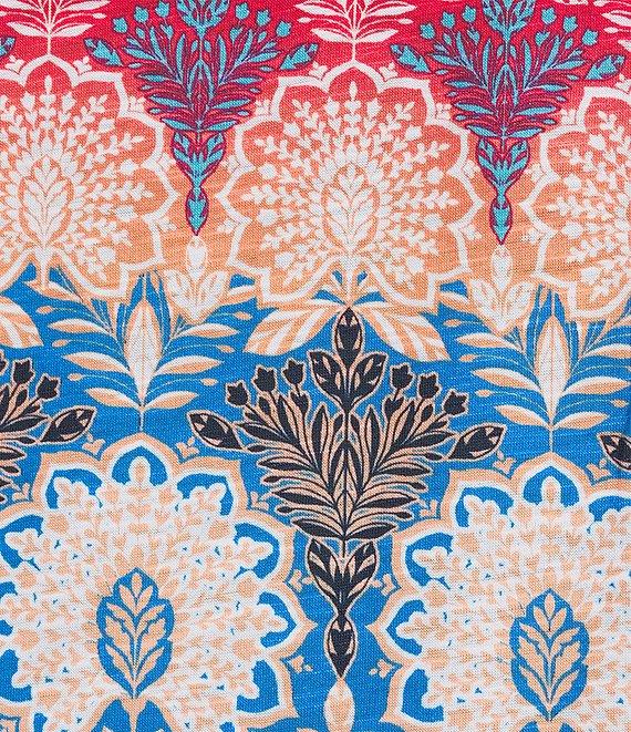 Allison Daley Plus Size Pomegranate Damask Floral Border Print Short Ruched Tie Sleeve Square Neck Knit Top Product Image