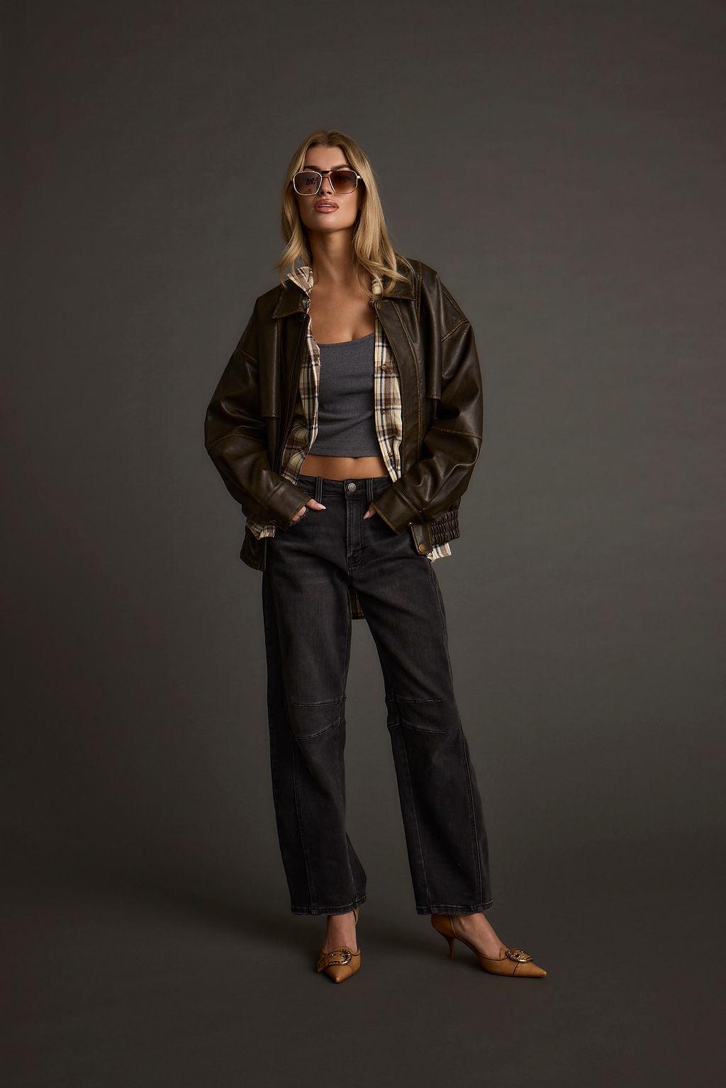 London Calling Brown Oversized Faux Leather Jacket Product Image