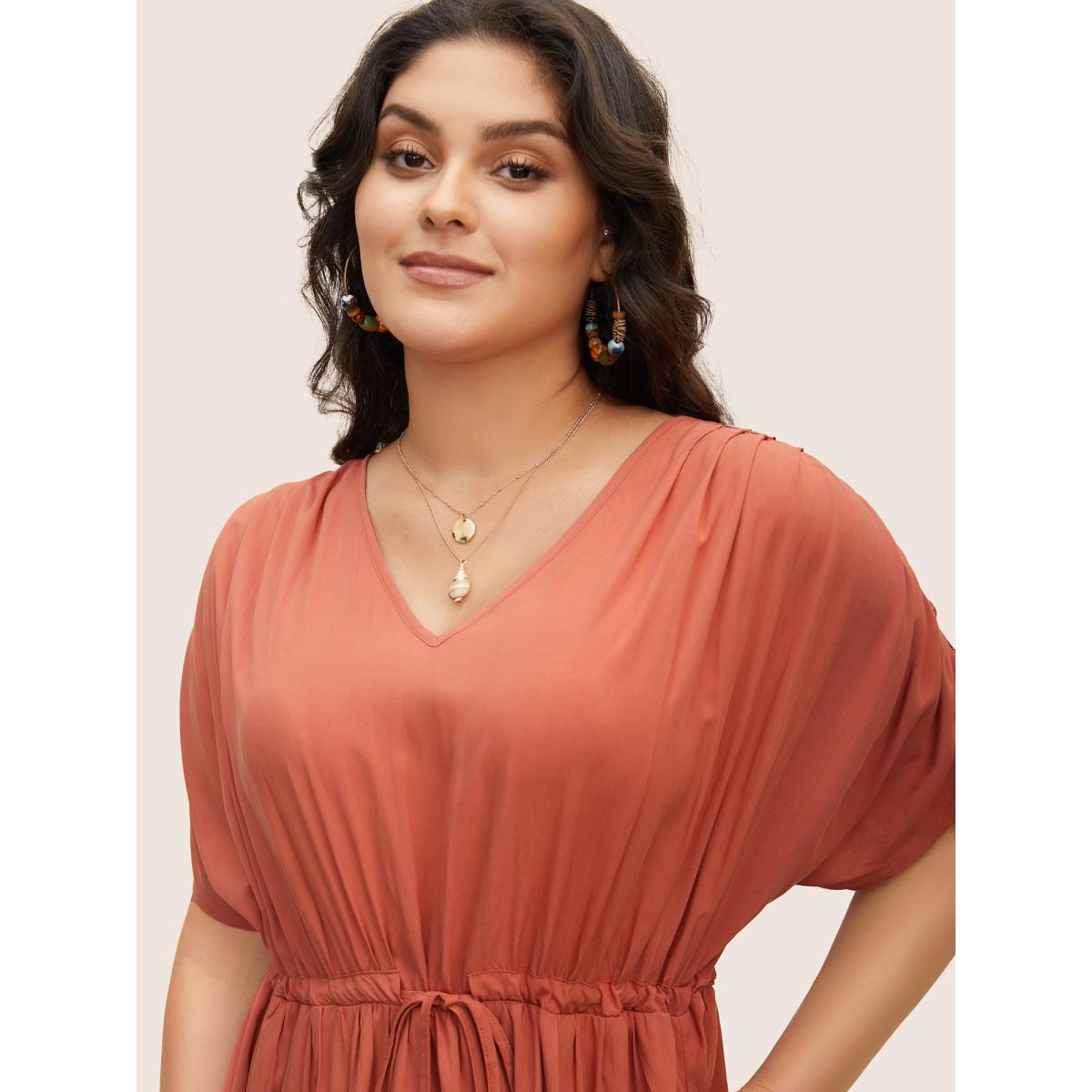 Plus Size Solid Drawstring Gathered Dolman Sleeve Dress Coral Women Resort Gathered V-neck Half Sleeve Curvy BloomChic 28/5X Product Image