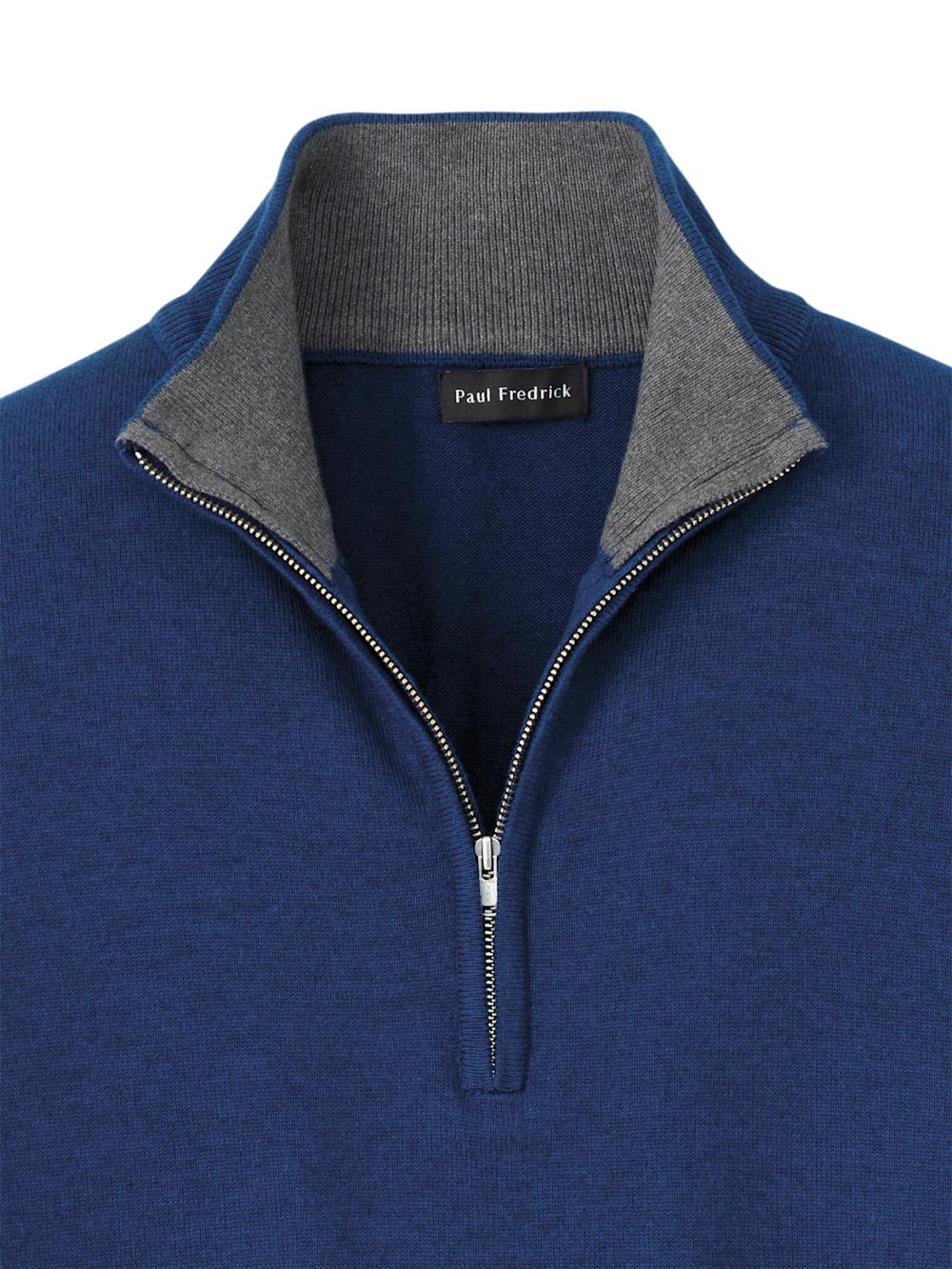 Supima Cotton Quarter Zip Mock Neck Sweater - Dark Blue Product Image