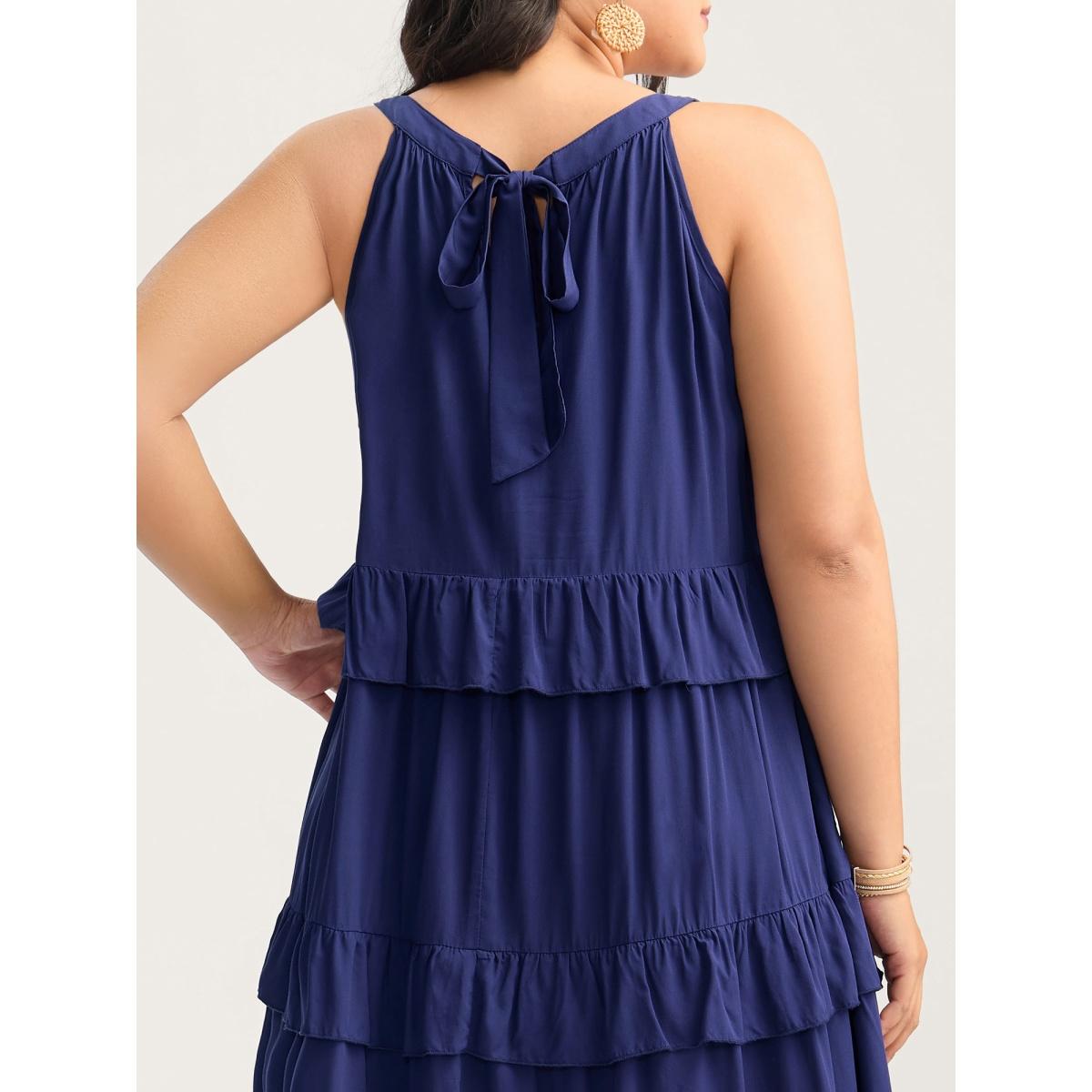 Plus Size Ruffled Tiered A-Line Tie Midi Dress DarkBlue Women Round Neck Sleeveless Curvy BloomChic 22-24/3X Product Image