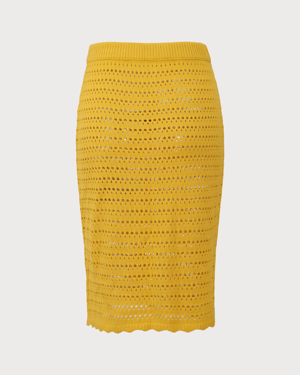 Yellow High-waisted Knee Length Knit Skirt Product Image