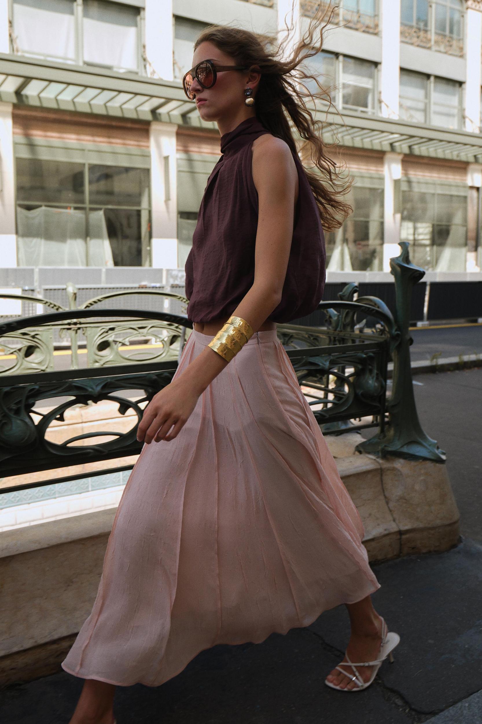 SEMI-SHEER TOPSTITCHED MIDI SKIRT Product Image