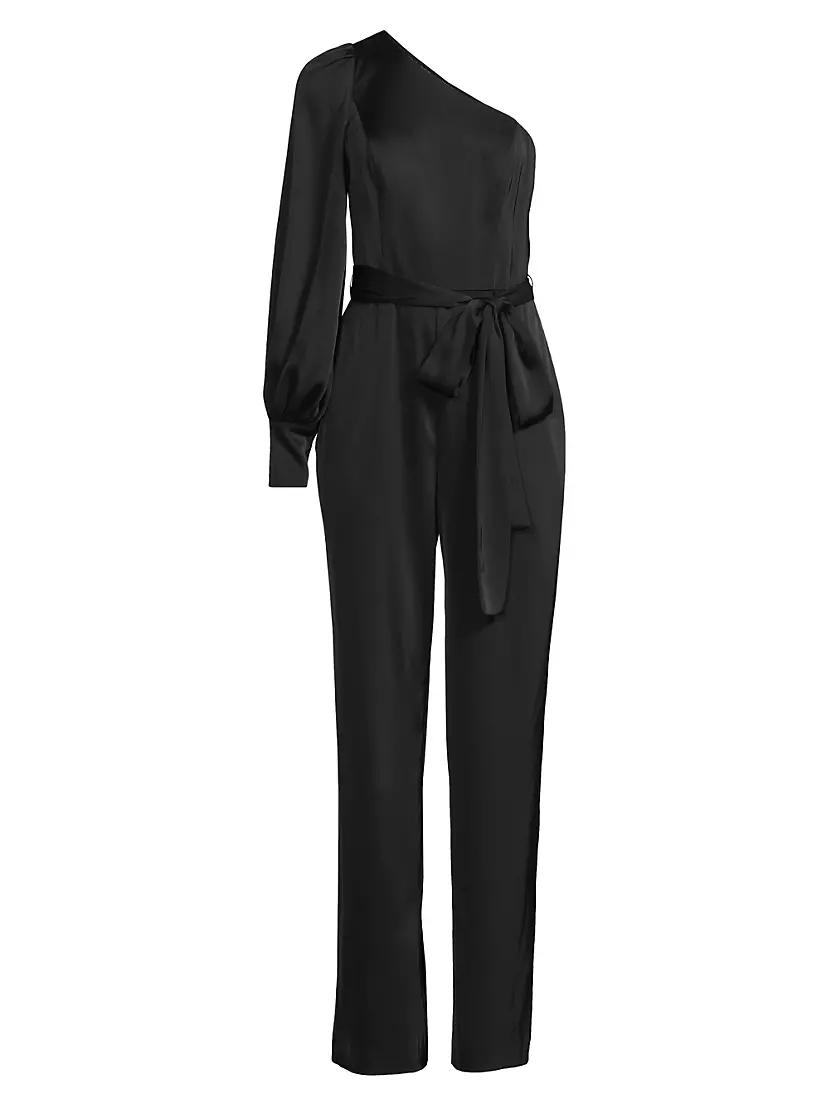 Womens Satin One-Shoulder Tie-Waist Jumpsuit Product Image