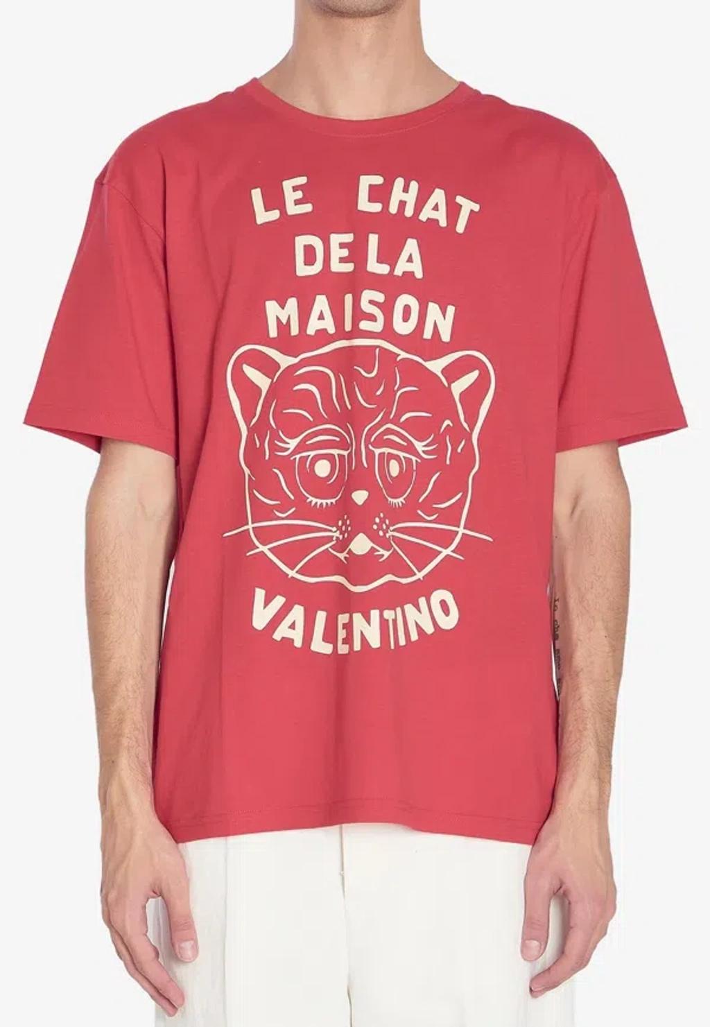 VALENTINO Graphic Print House Cat Crew Neck T-shirt In Red Product Image