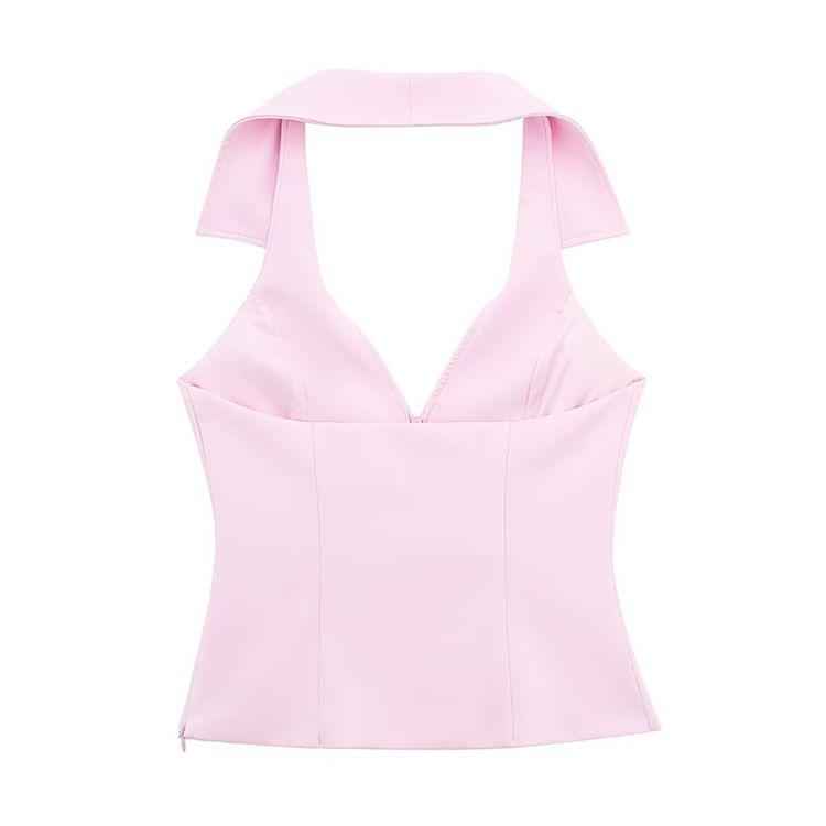 Halter Collar Plain Zip Tank Top / Skort / Set Product Image