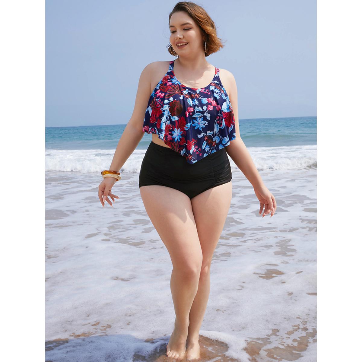 Plus Size Floral Crossover Back Asymmetrical Tankini Top Women's Swimwear Indigo Vacation Adjustable Straps High stretch Bodycon Round Neck Curve Swim Tops BloomChic 10/M Product Image