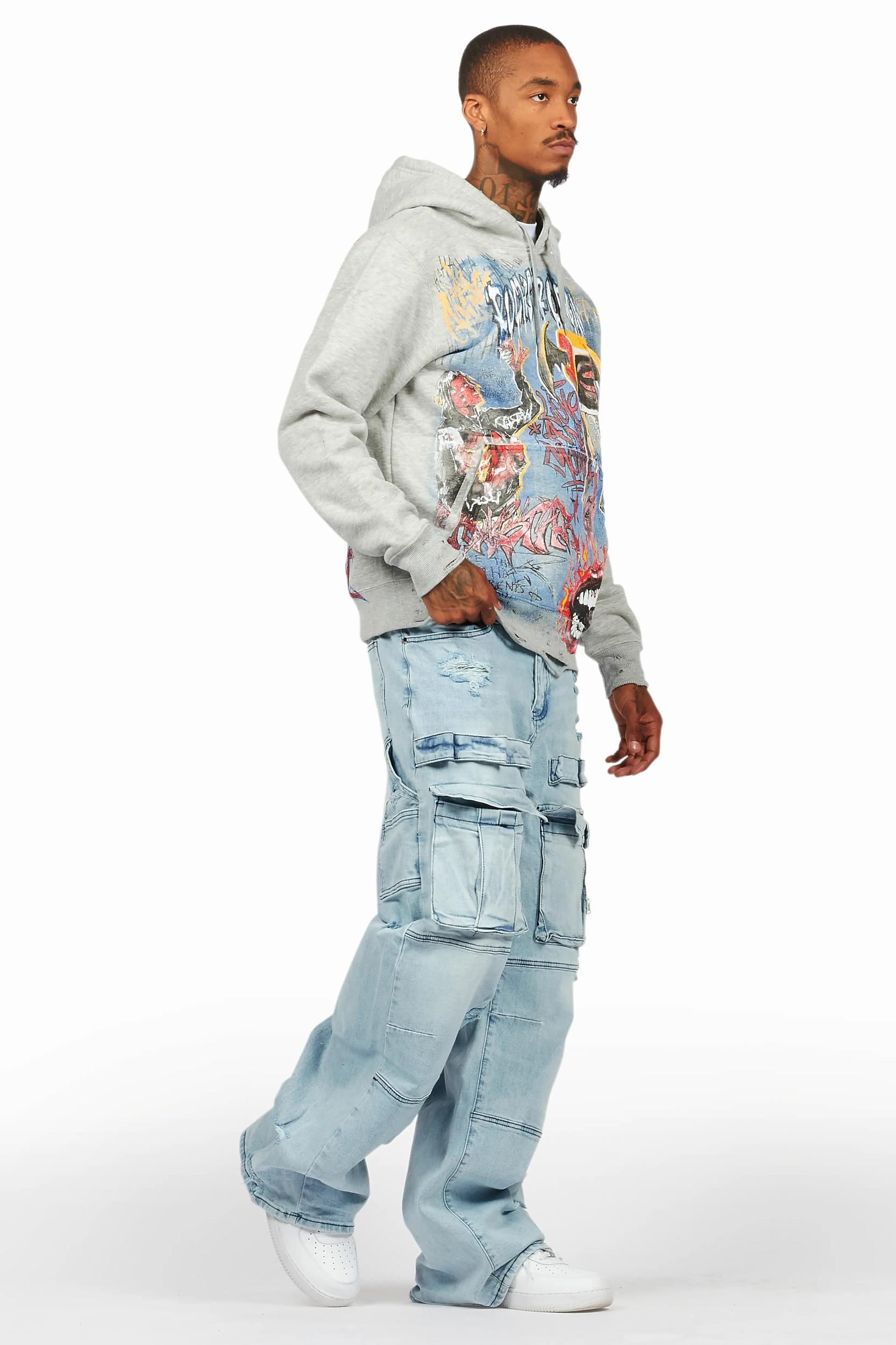Yooz Heather Grey Hoodie & Deco Stacked Flare PU Jean Bundle Male Product Image