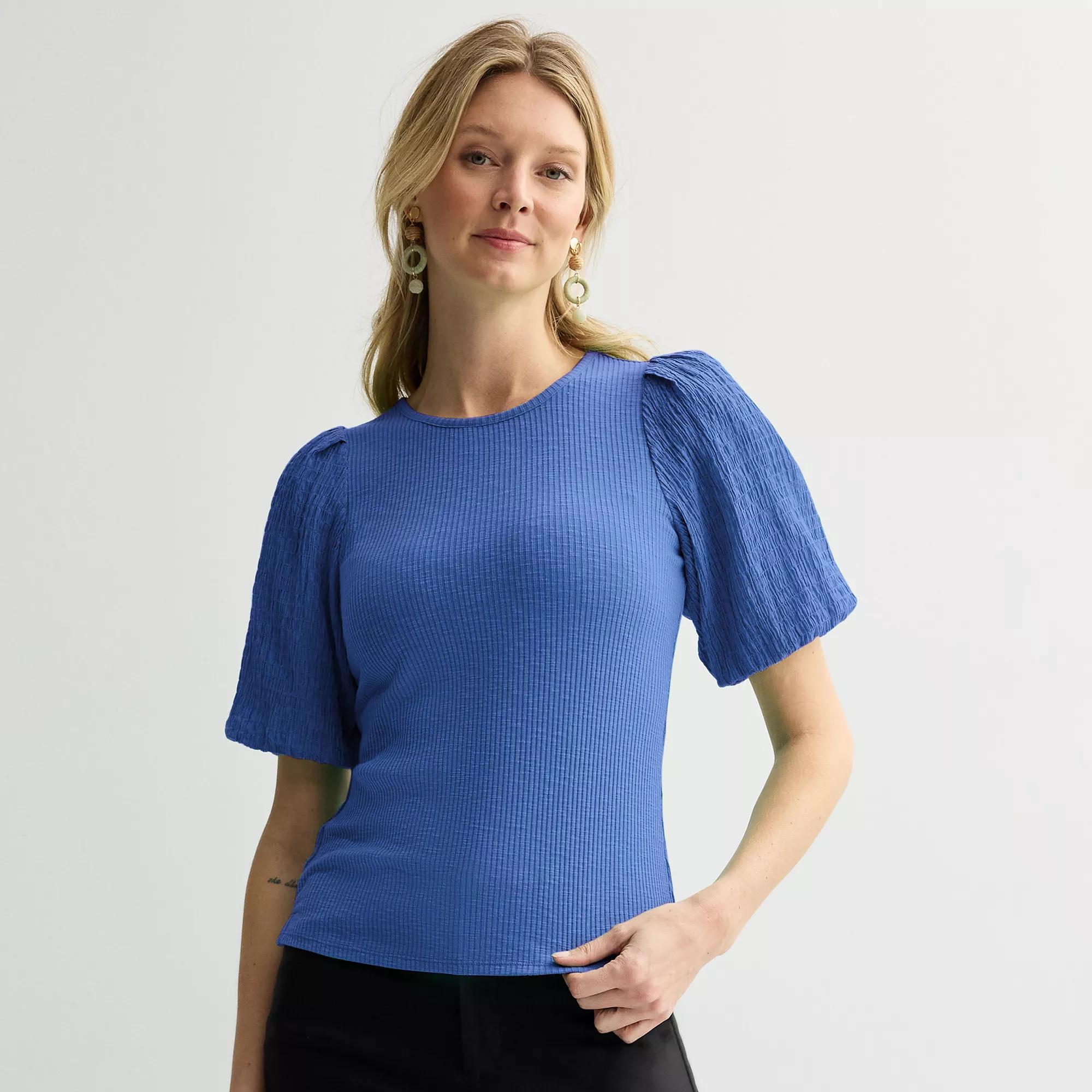 Women's Nine West Ribbed Top with Textured Sleeves, Size: XS, Wesley Purple Product Image