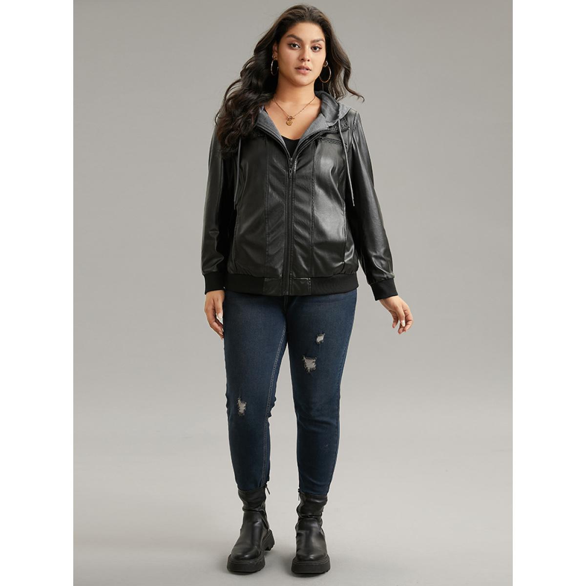 Plus Size PU Leather Patchwork Hooded Drawstring Rib Knit Jacket Women Black Rib Knit Pocket Dailywear Jackets BloomChic 10/M Product Image